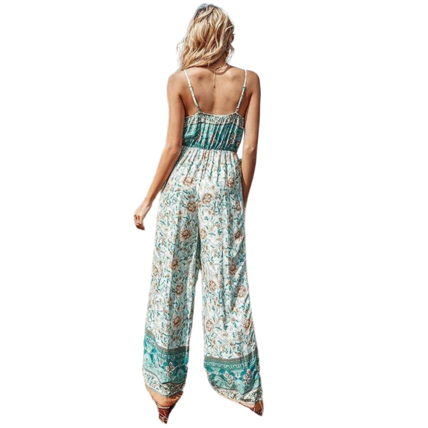 green floral loose waist jumpsuit