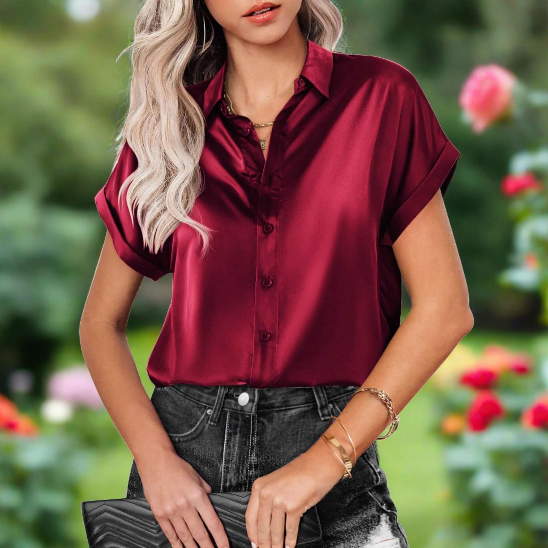 Luxury Silk Top red slik woman tshirt Satin classic shirt for women Silk Button-Down Shirt