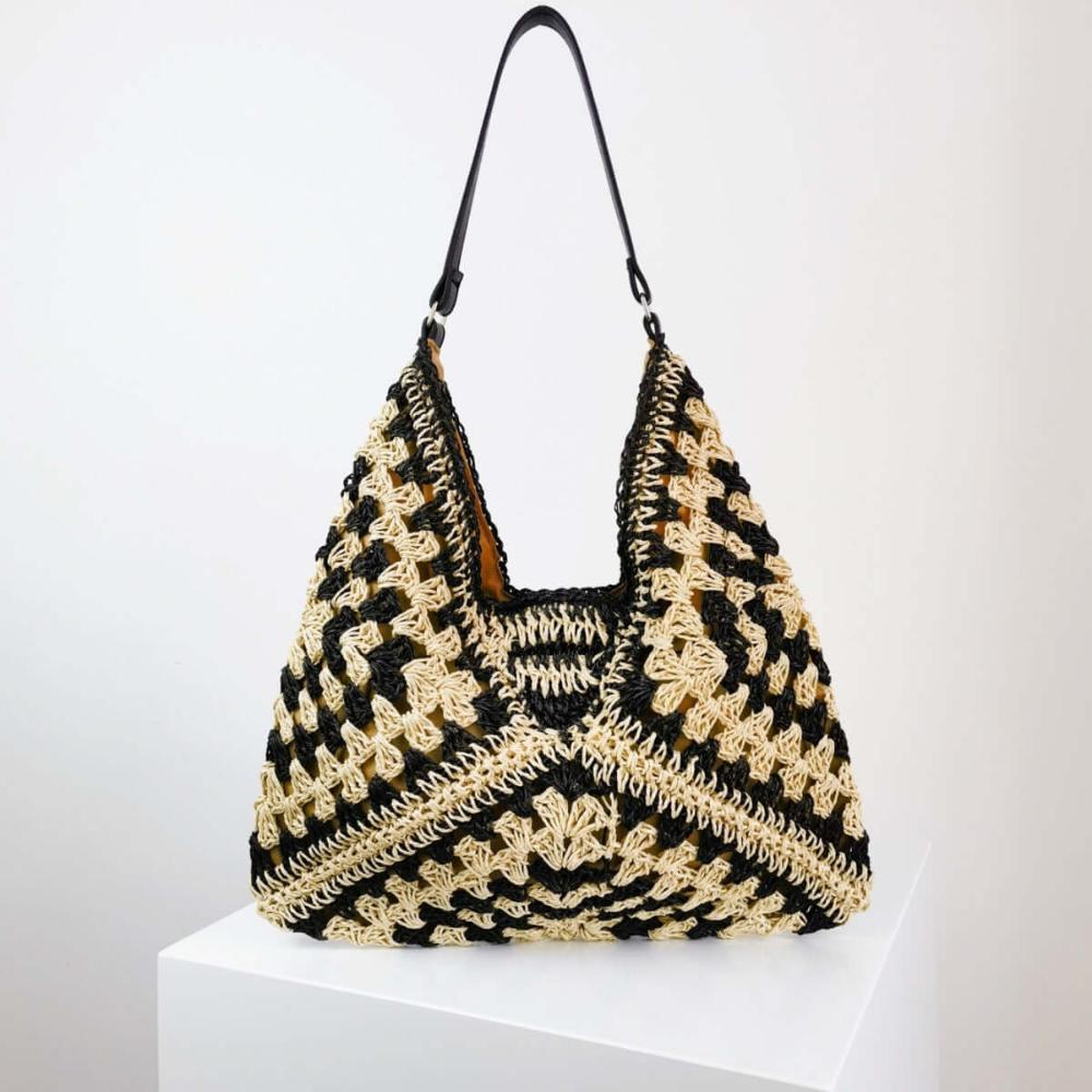 crochet black and beige shoulder bag