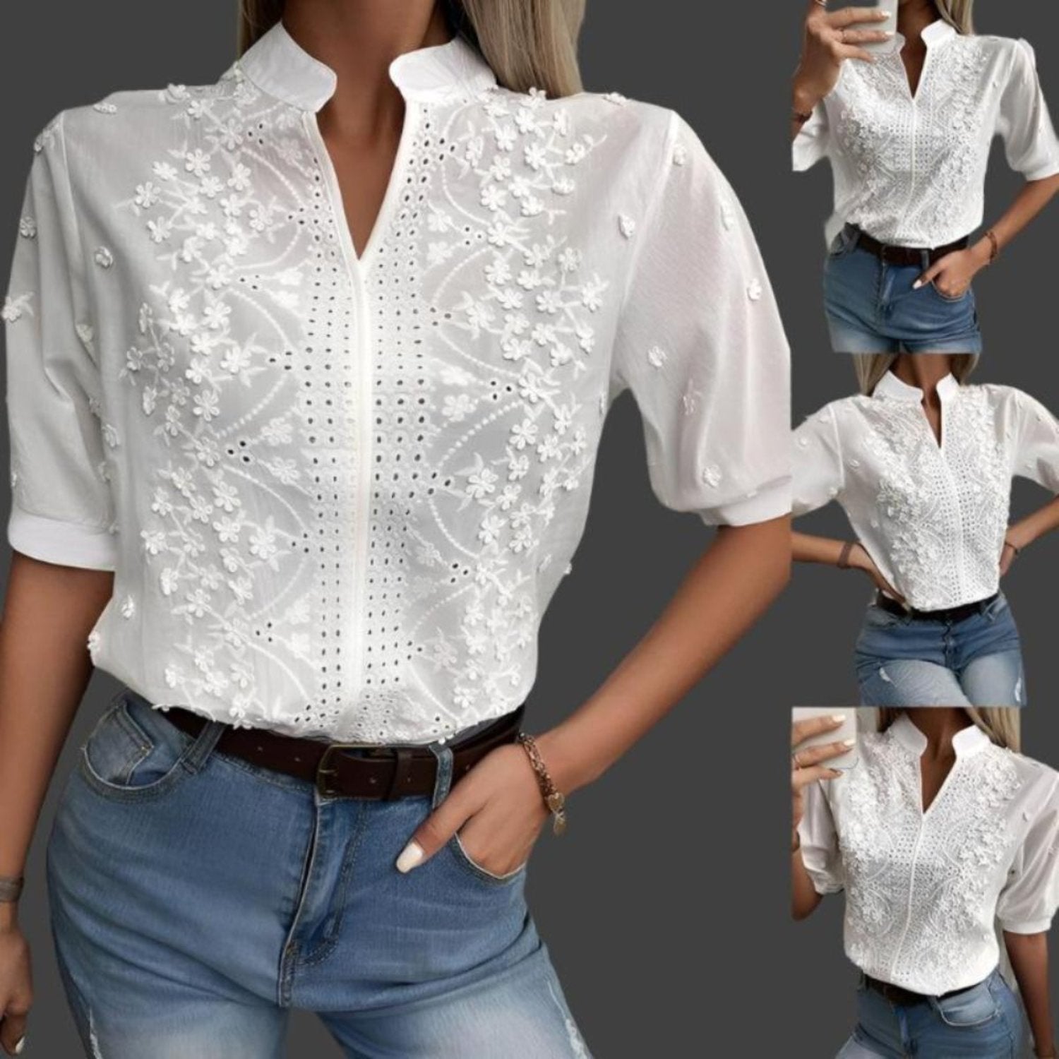 Elegant embroidered white lace blouse 