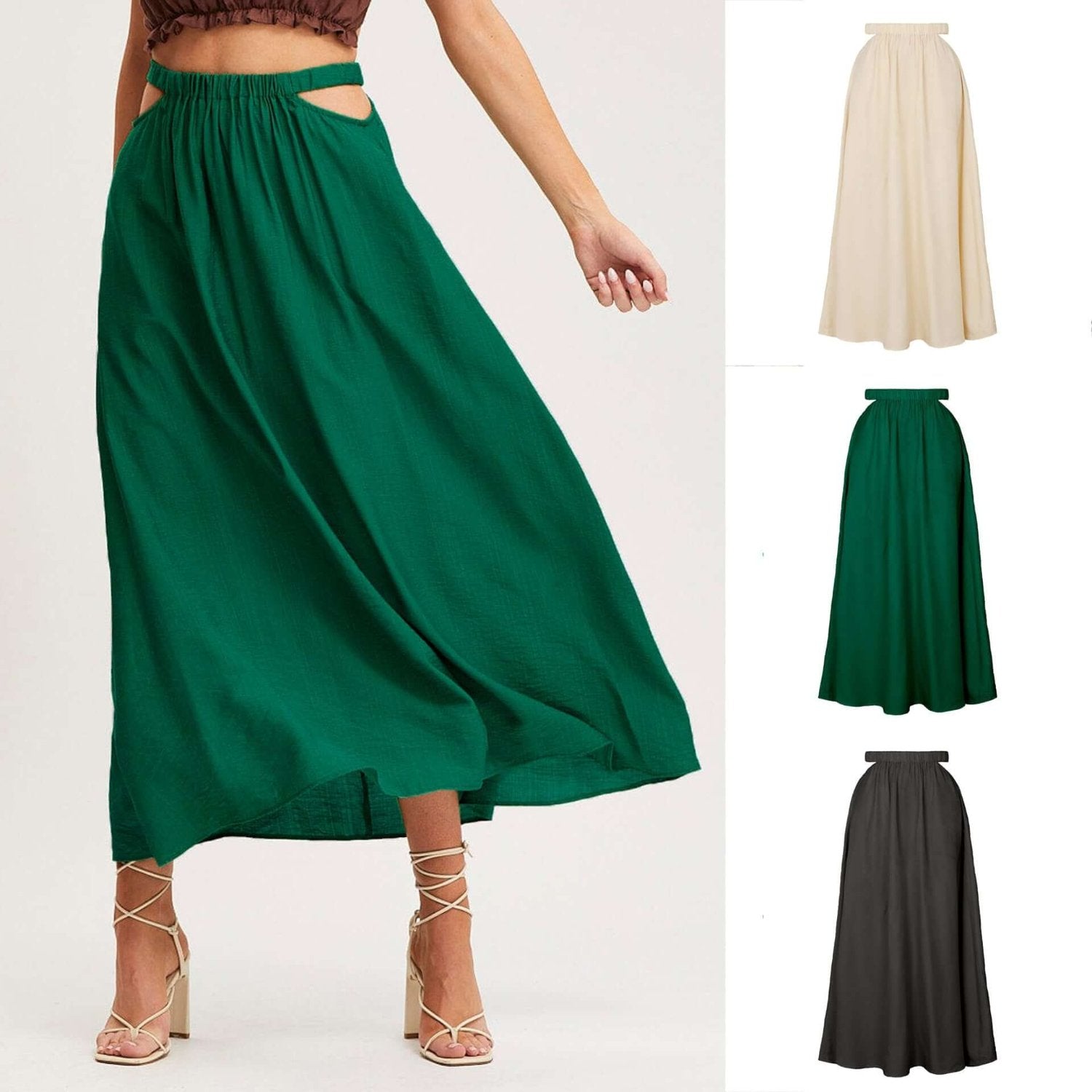 Elegant green long skirt with hollow-out design.