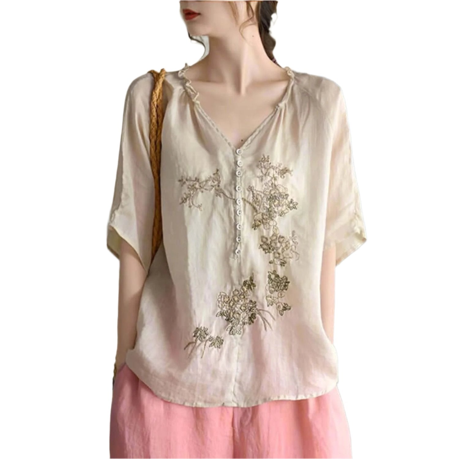 Linen-colored bohemian blouse made from soft cotton, 