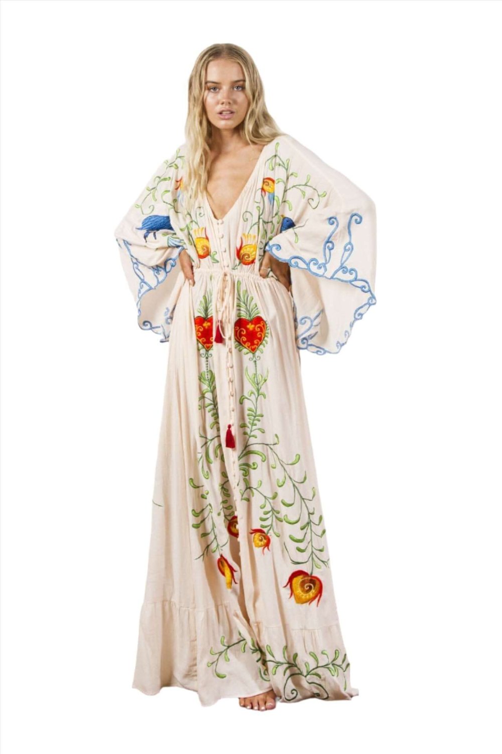 Bohemian-inspired apricot dress with detailed embroidery 