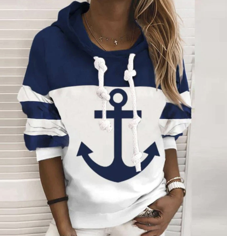 Striped Boat Anchor Printed Hood Women's Clothing New
